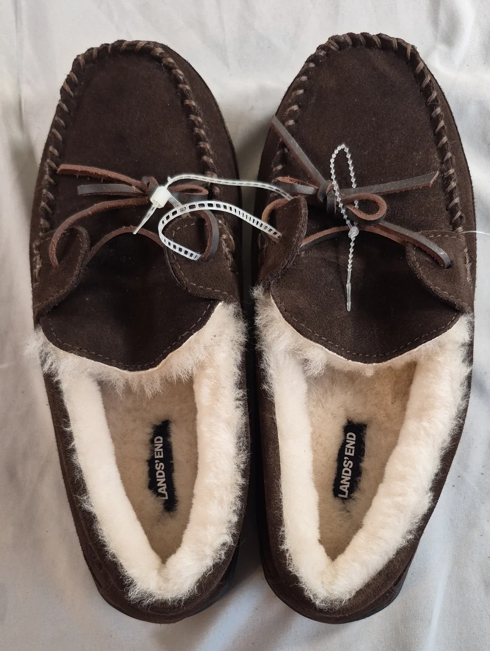 Lands' End Men's Brown Suede Shearling-Lined Moccasin Slippers